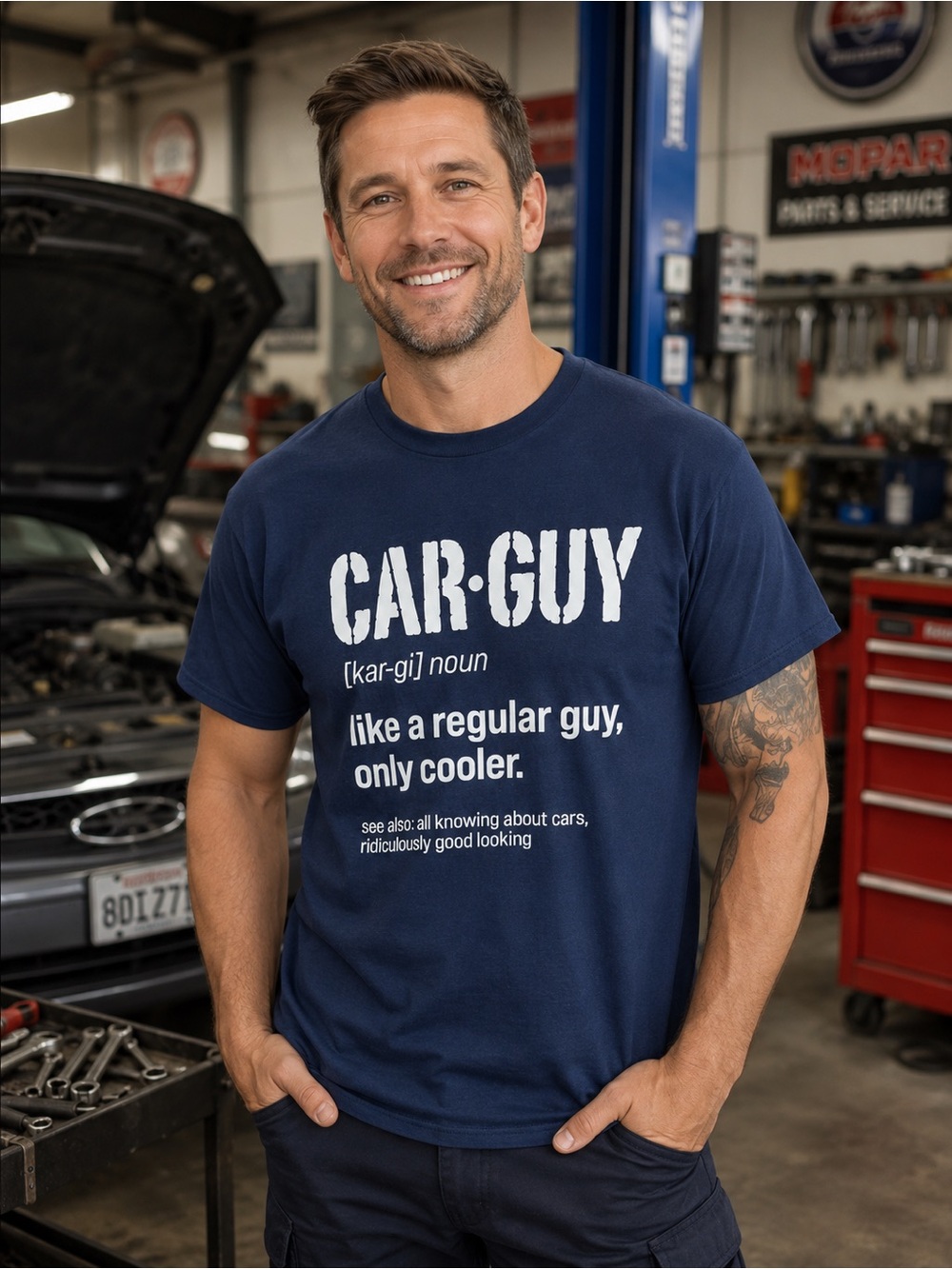 Delta Men's Navy Blue 'CAR-GUY' Graphic Tee